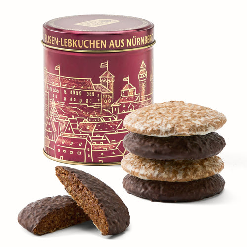 HAUS ELISE Dose Kaiserburg Bordeaux mit fünf Elisen-Lebkuchen, Stapel und Anschnitt