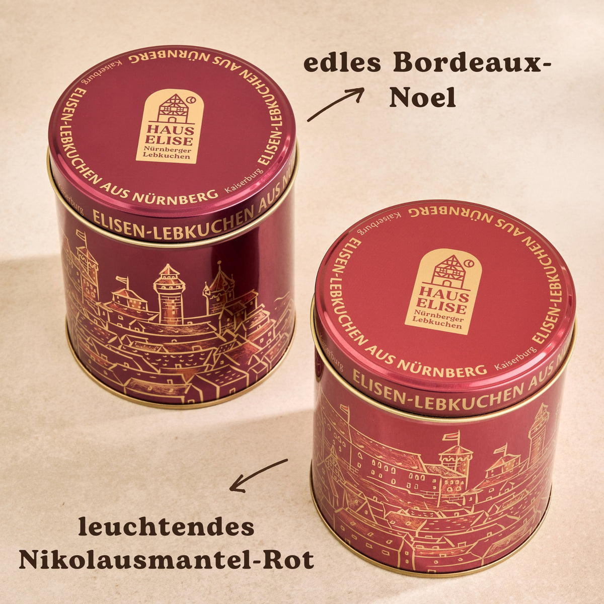 Dose Kaiserburg in zwei Farben: Bordeaux und Rot