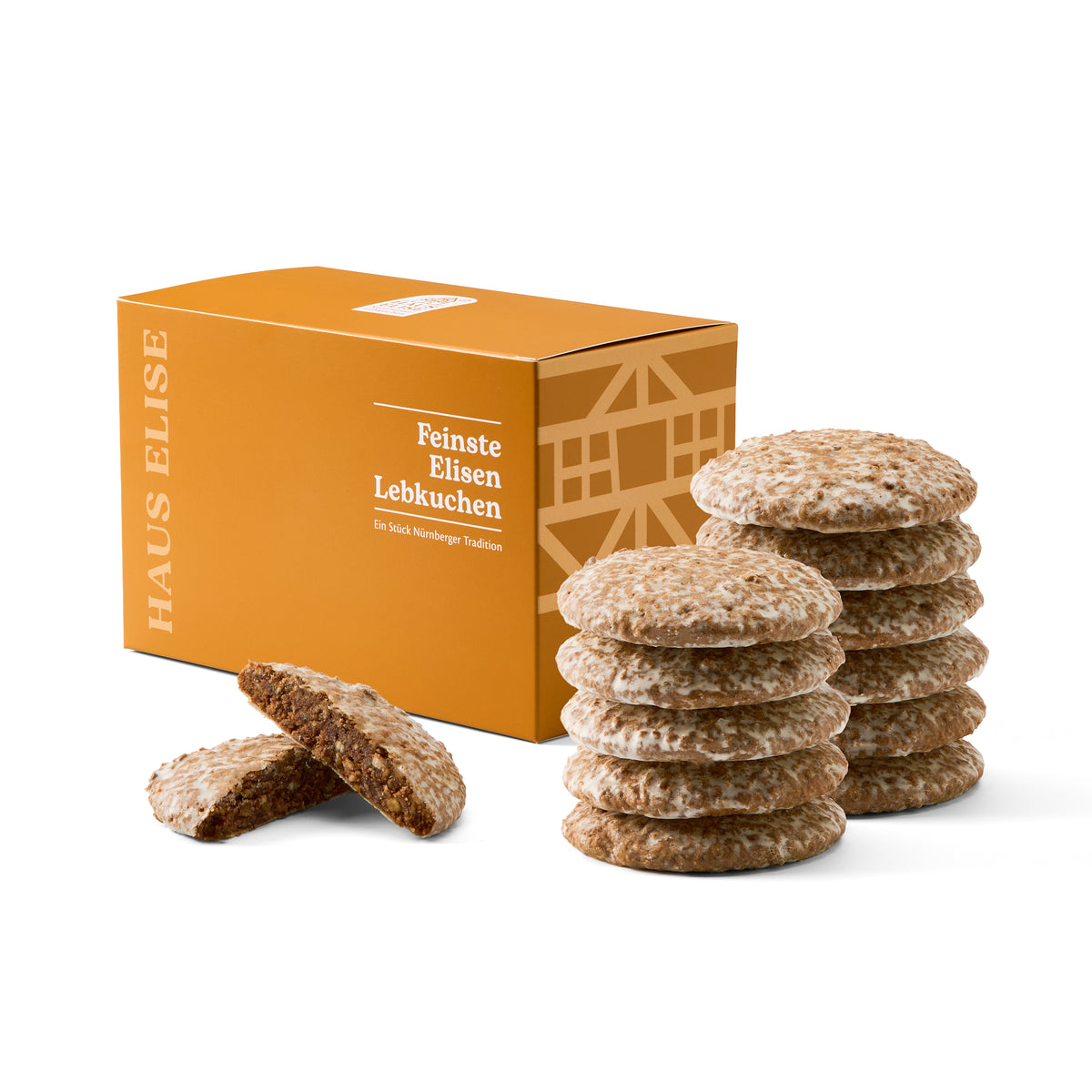 HAUS ELISE 12er Box mit zwölf Nürnberger Elisen-Lebkuchen, alle mit feiner Zuckerglasur, in der Geschenkbox in Honig-Gold