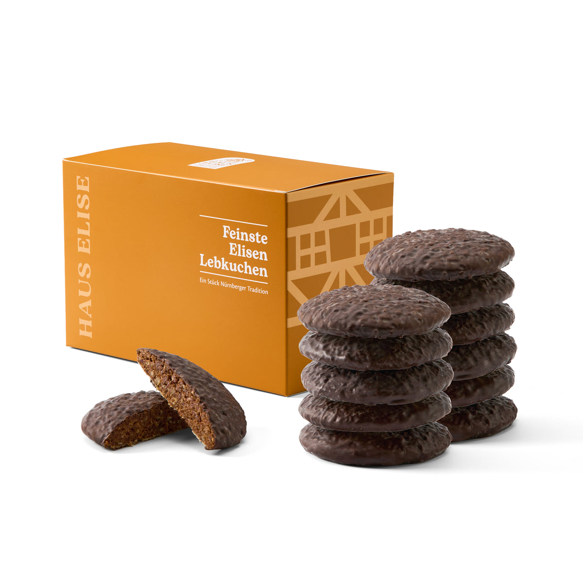 HAUS ELISE 12er Box mit zwölf Nürnberger Elisen-Lebkuchen, alle mit belgischer Zartbitterschokolade überzogen, in der Geschenkbox in Honig-Gold