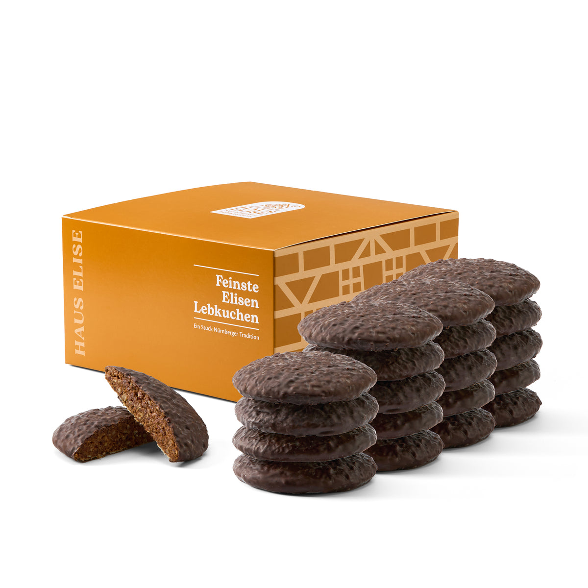 HAUS ELISE 20er Box mit zwanzig Nürnberger Elisen-Lebkuchen, alle mit belgischer Zartbitterschokolade überzogen